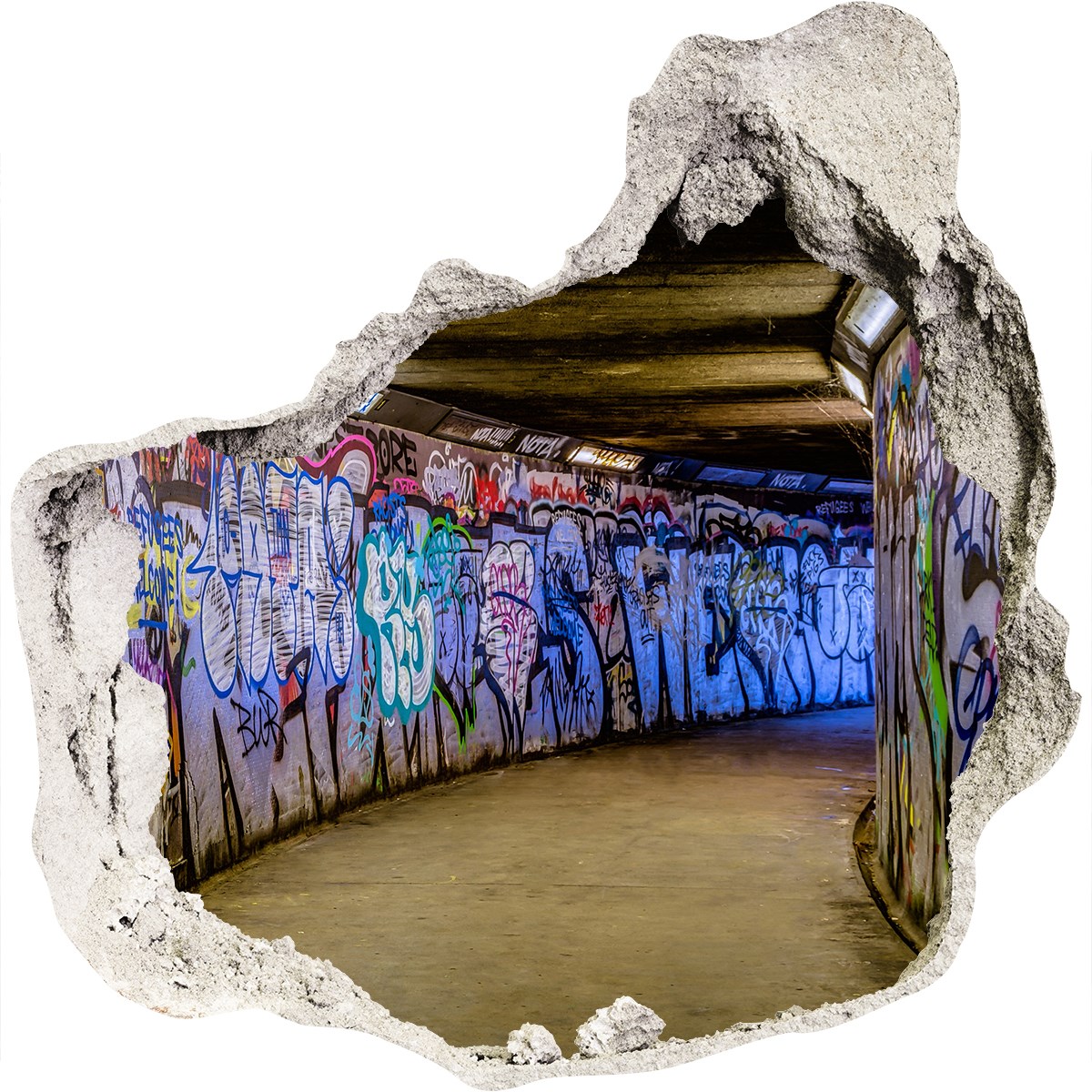 Graffiti in der U-Bahn 125x125 cm Tapete Wandbilder XXL Klebefolie 3D Optik Loch