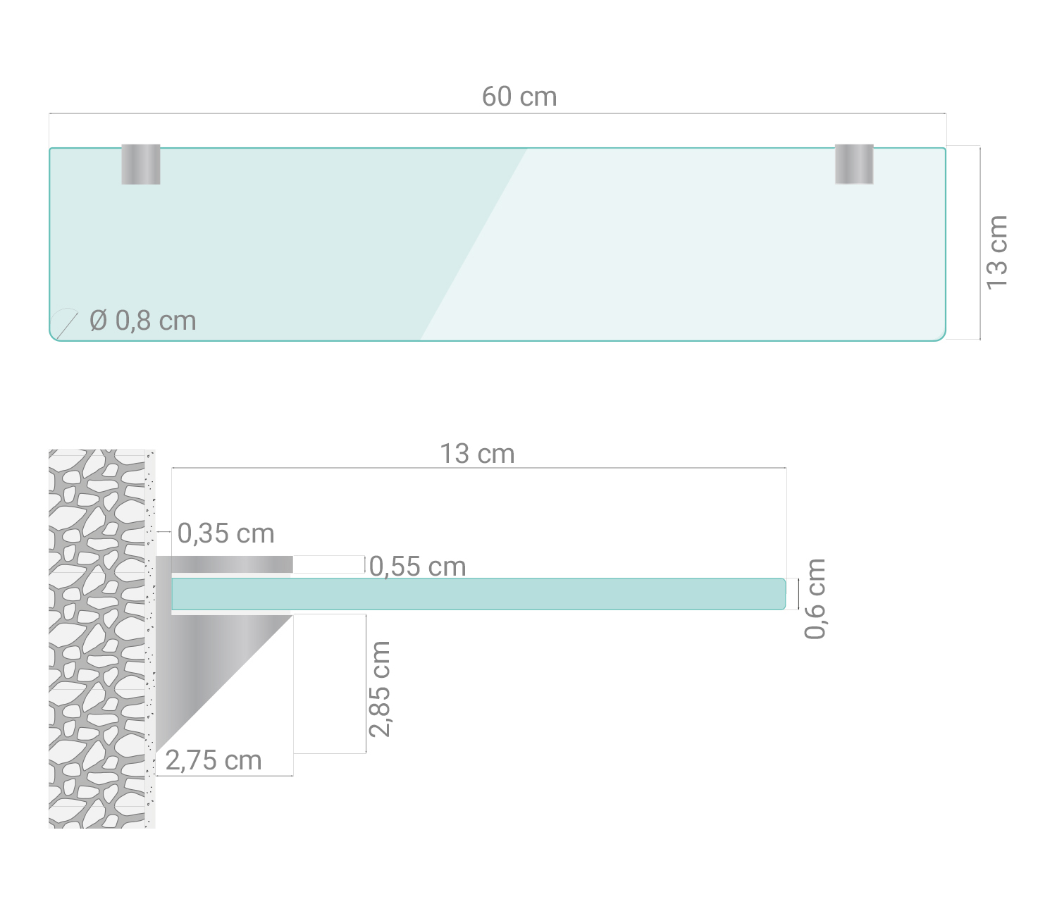 Szklana półka Tulup 60×13 – wizualizacja 3
