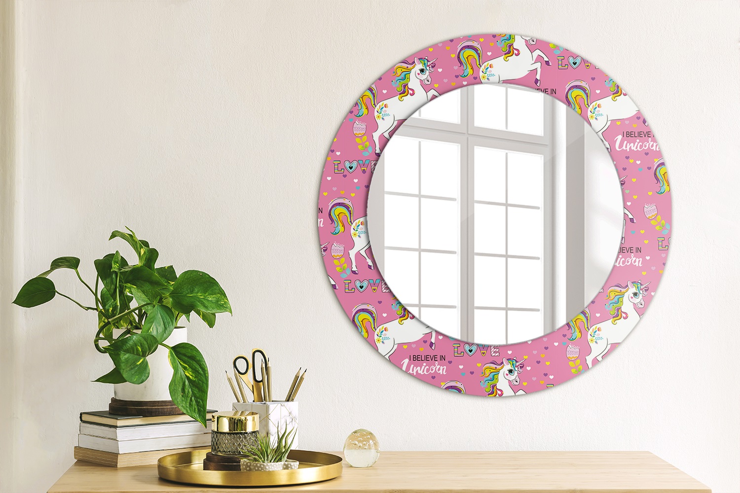 Round Framed Wall Mirror Kids Room Glass Frame with Print Magic unicorn