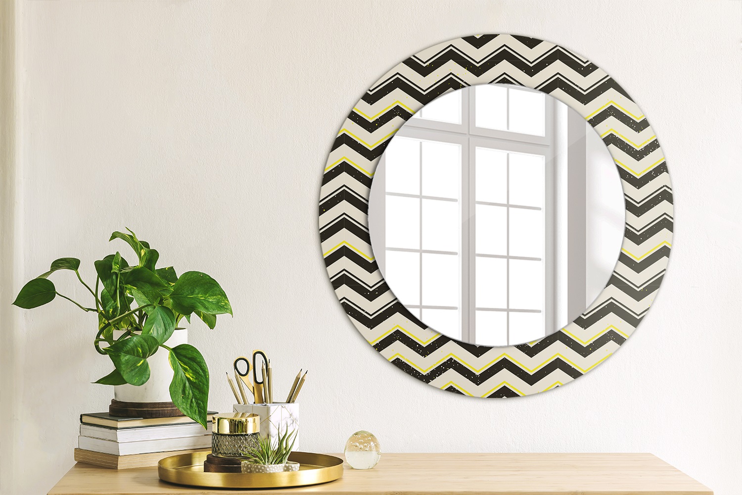 Round Wall Mirror with Patterned Glass Frame Ready to Hang
