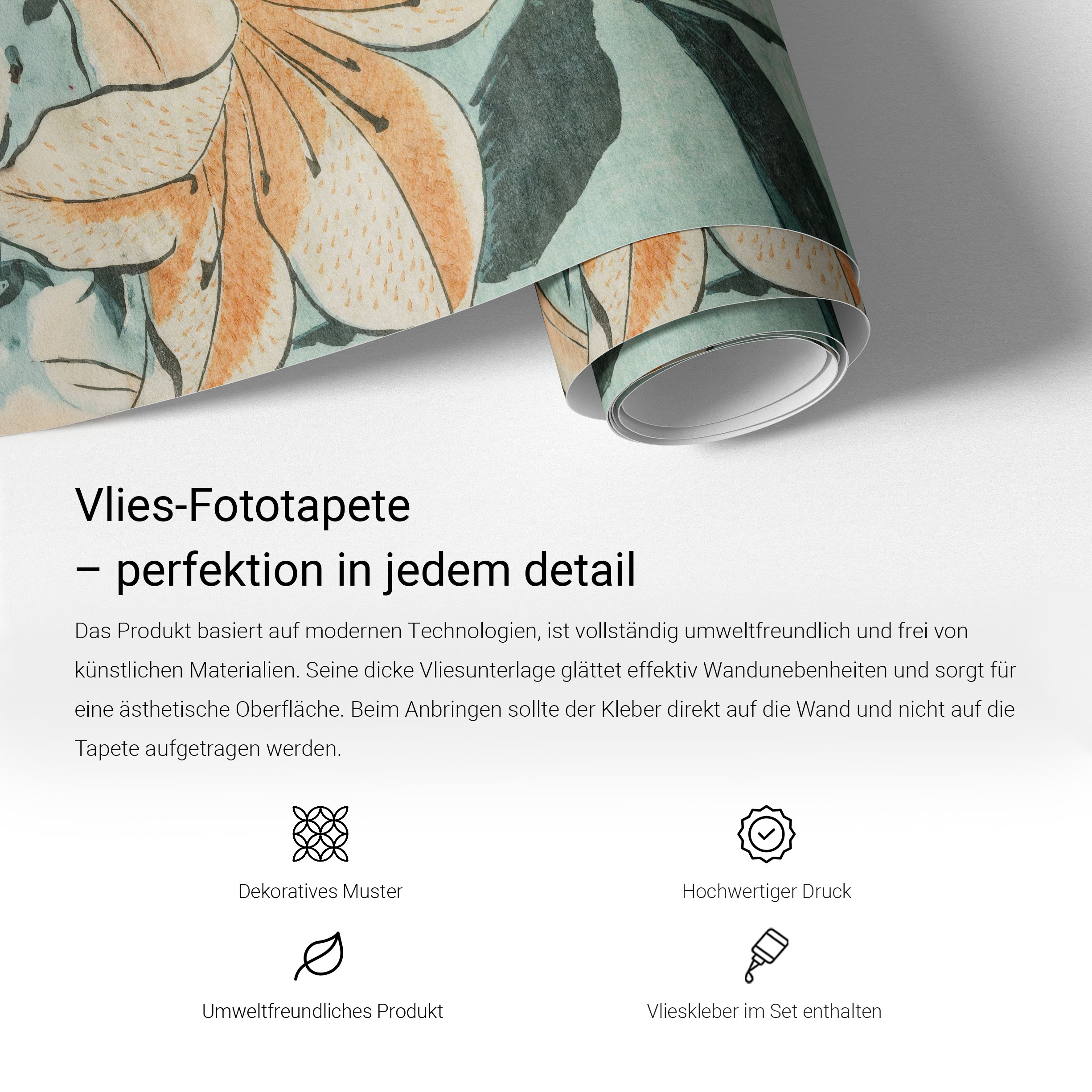 Vorteile und Montage der Vlies-Fototapete - Produktinfografik Tulup