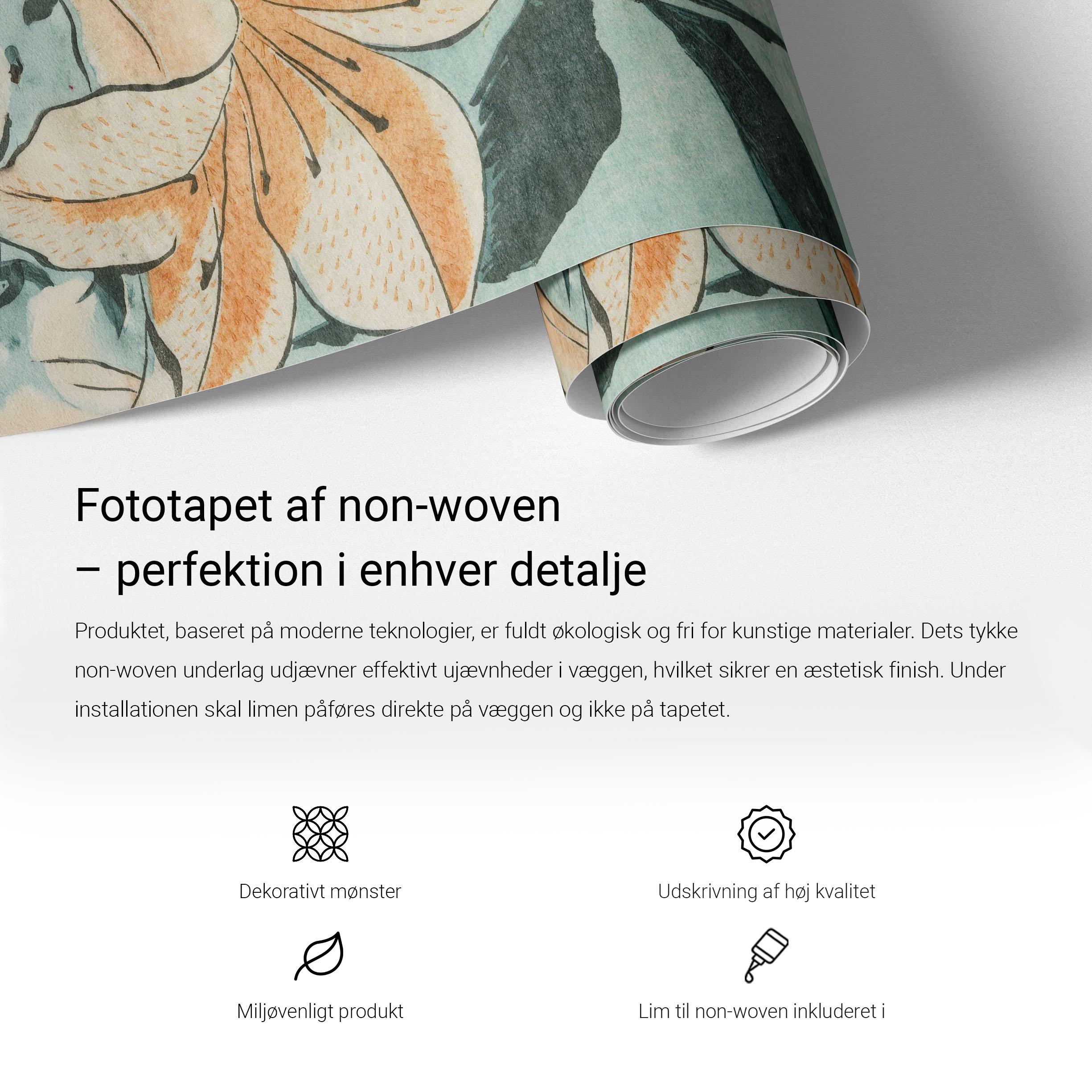 Fordele og montering af non-woven fototapet - Tulup produktinfografik