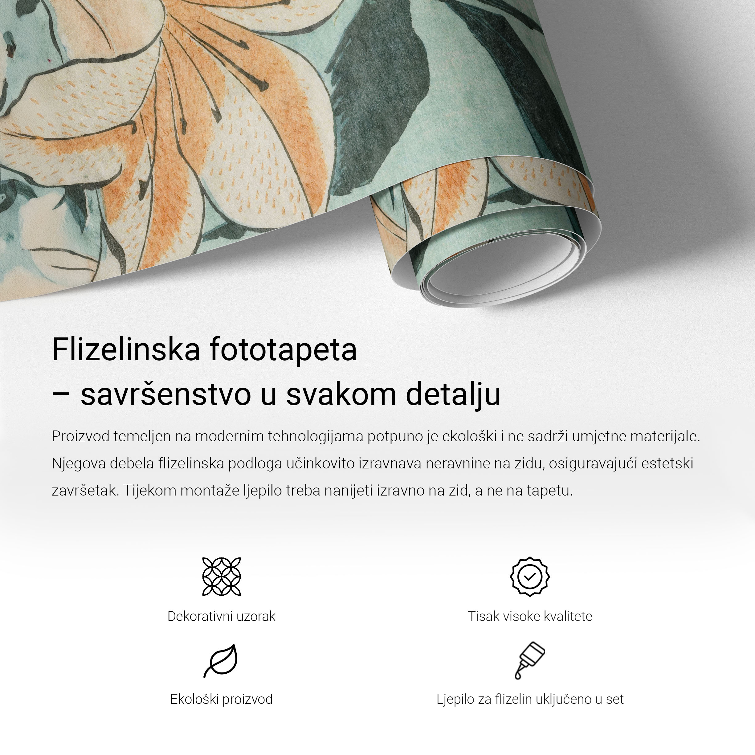 Prednosti i način montaže fototapete od flisa - infografika proizvoda Tulup