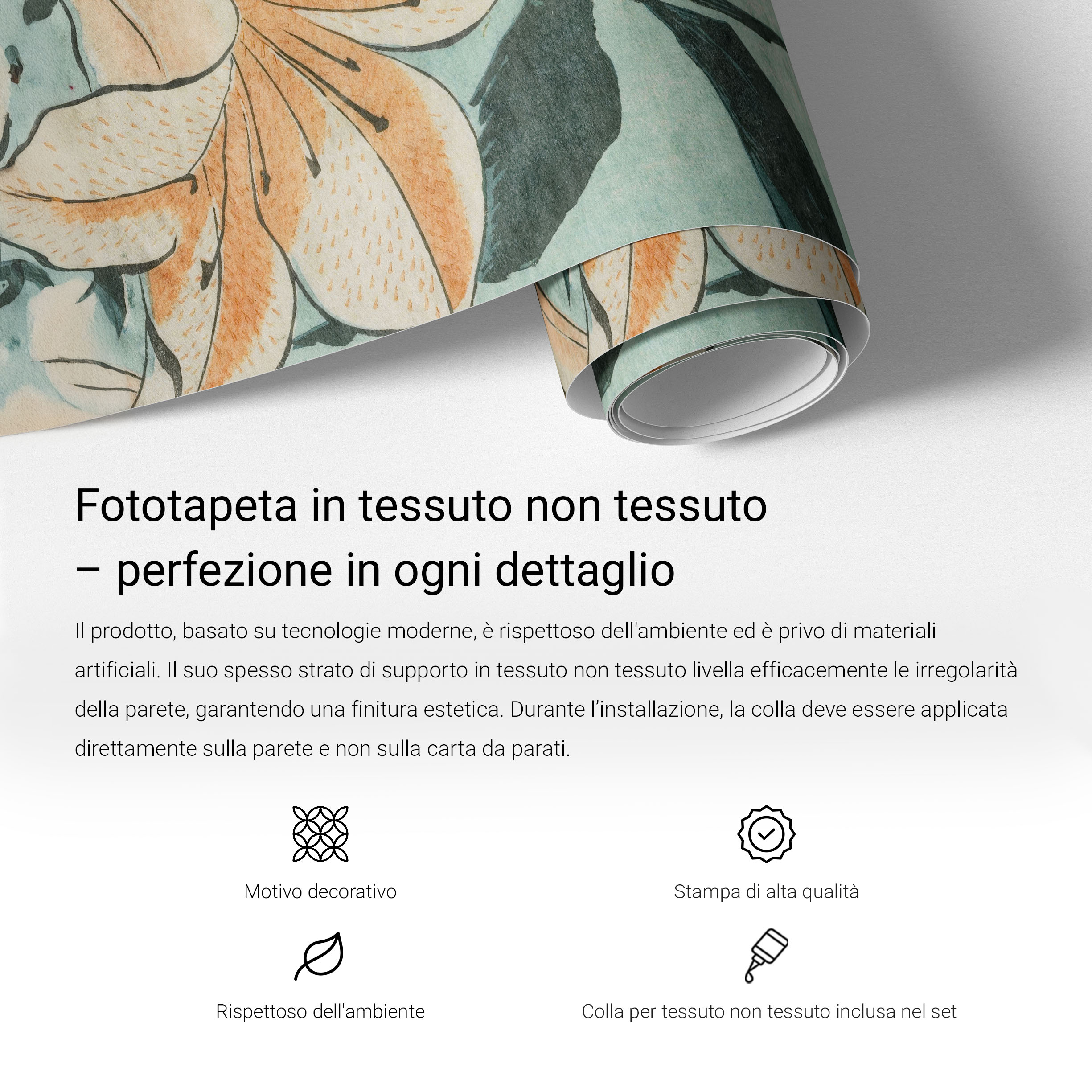 Vantaggi e montaggio della carta da parati in TNT - infografica di prodotto Tulup