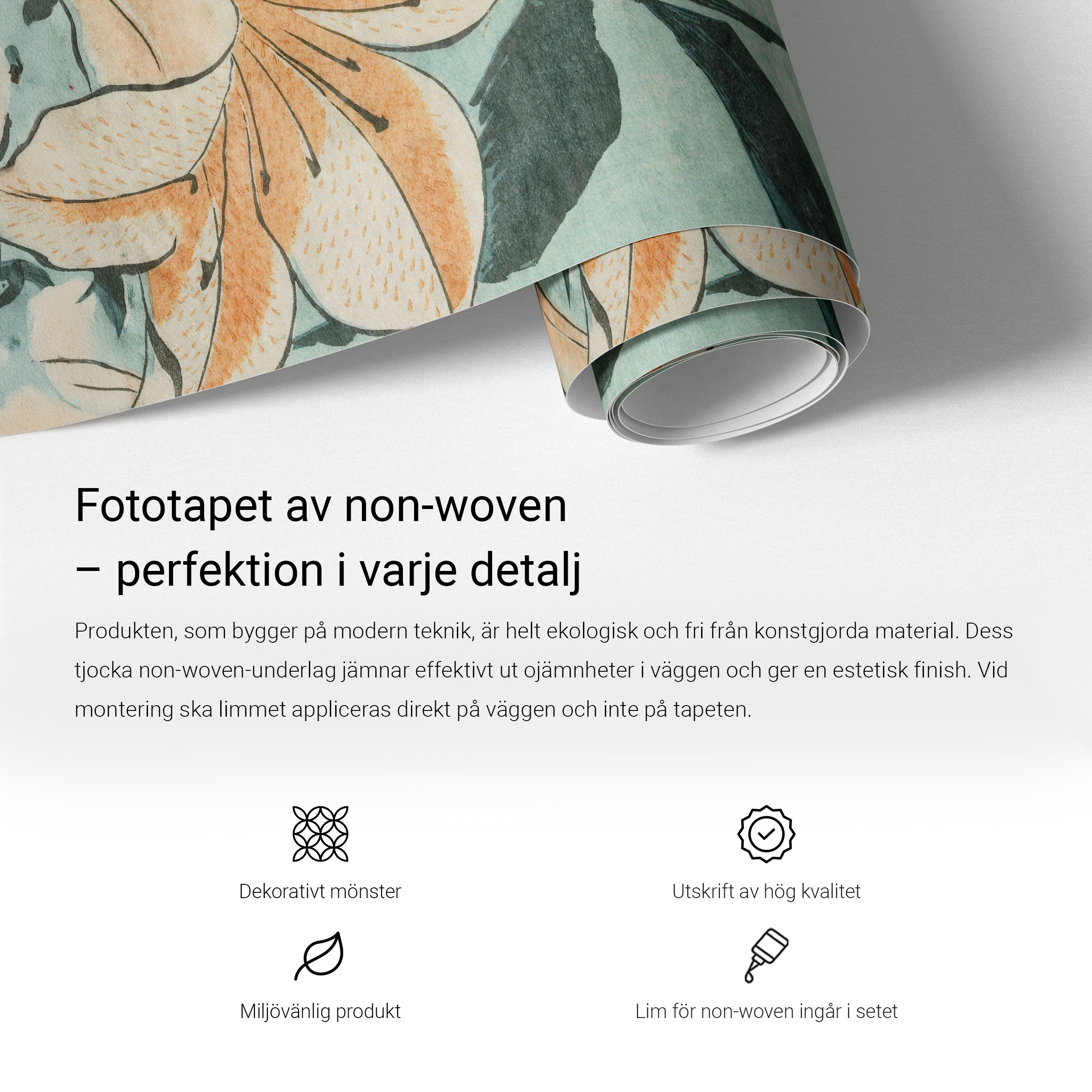 F&ouml;rdelar och montering av non-woven fototapet - Tulup produktinfografik