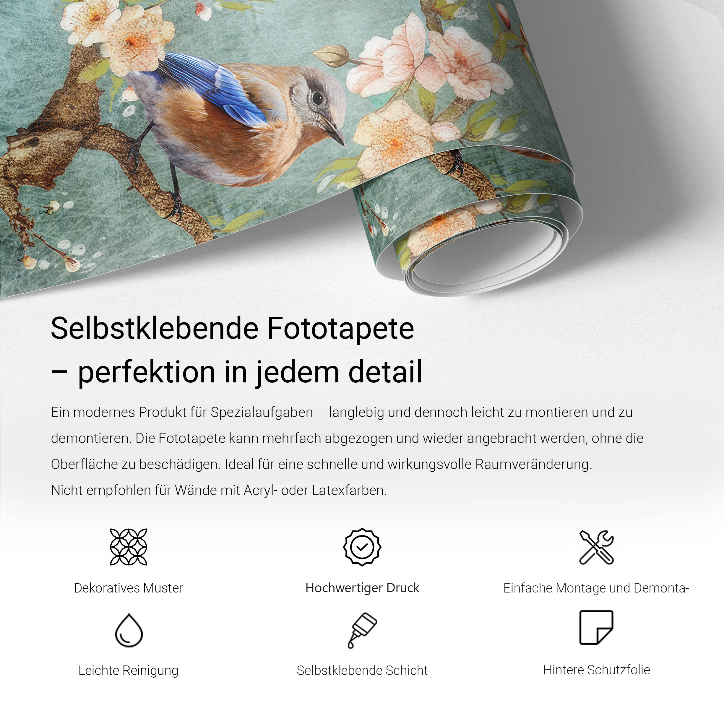 Eigenschaften und Anwendung der selbstklebenden Fototapete MagicStick - Produktinfografik Tulup