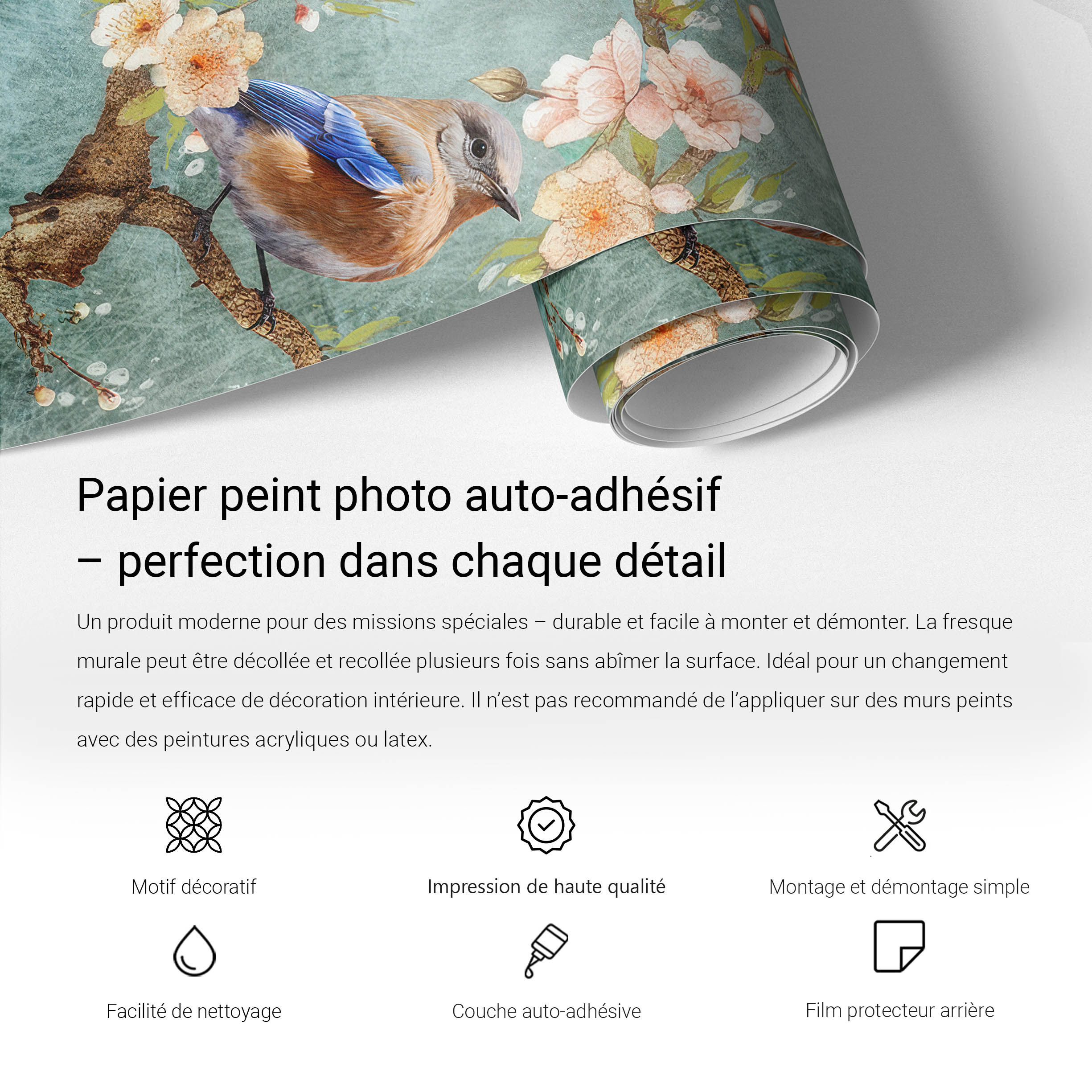Caract&eacute;ristiques et application du papier peint autocollant MagicStick - infographie produit Tulup