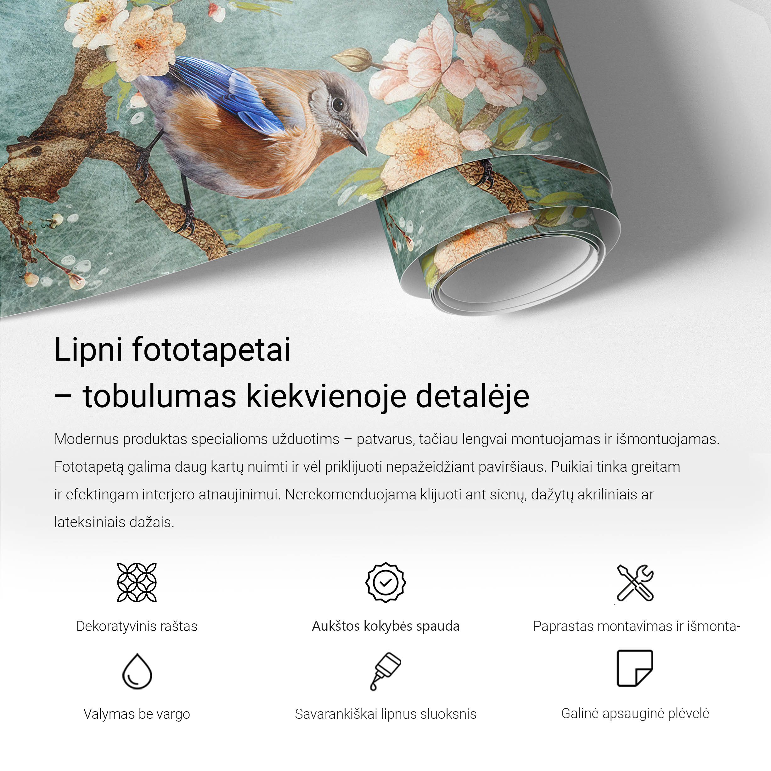 Lipnių fototapetų MagicStick savybės ir naudojimas - Tulup produkto infografikas