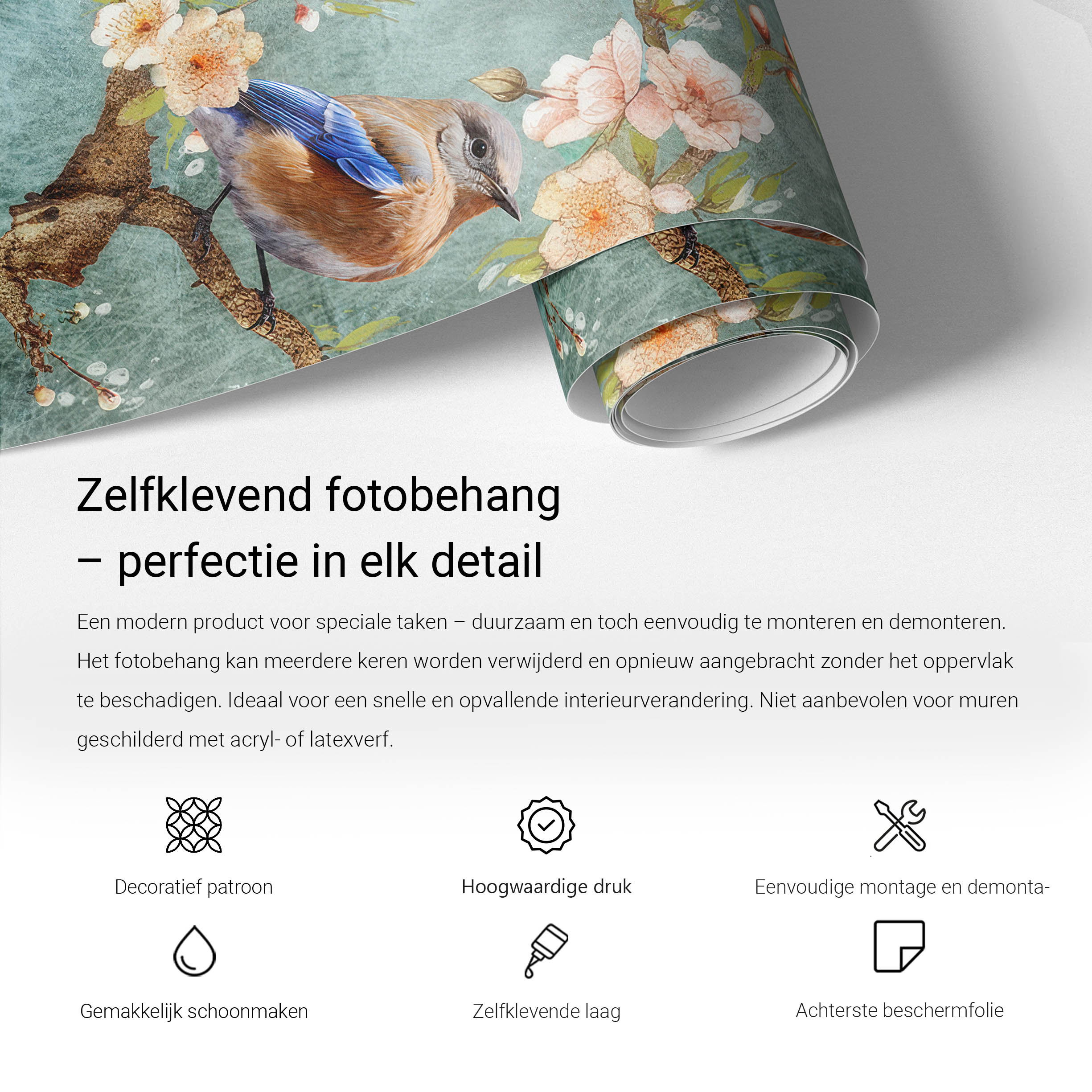 Eigenschappen en toepassing van zelfklevend fotobehang MagicStick - Tulup productinfographic