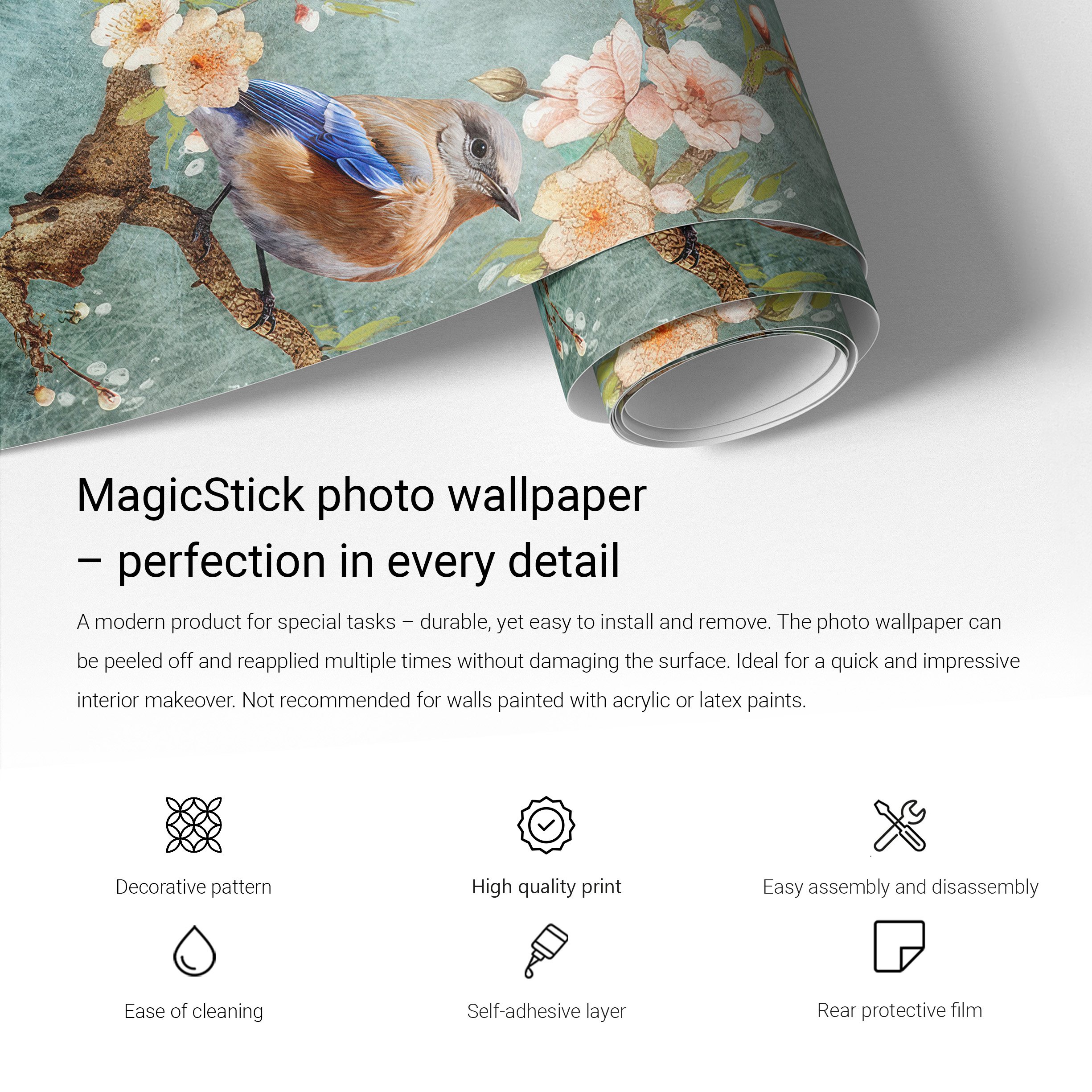 Features and application of MagicStick self-adhesive wallpaper - Tulup product infographic